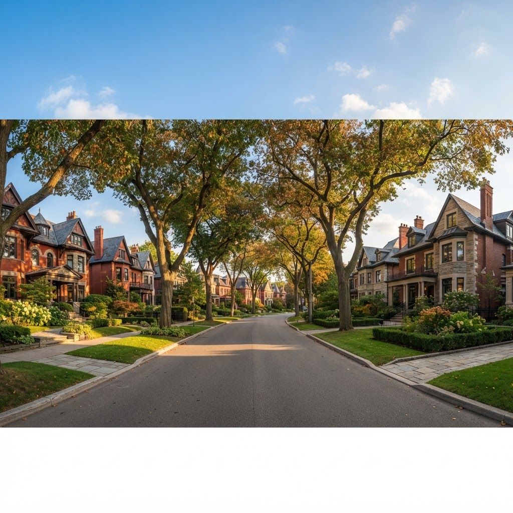 A tree-lined street of historic mansions in Rosedale, Toronto